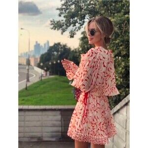 Self-Portrait Crescent Chiffon Cape Dress Cream & Red Floral Pattern - US 2/XS